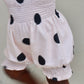 Bubble Oneis in sand color with polka dots and gathered leg opening, made from breathable 100% cotton for comfort and cuteness.